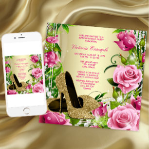 Invitación Zapato de tacón alto de perla rosa dorada Fiesta d