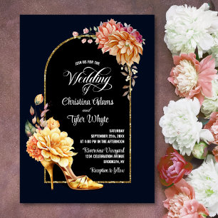 Invitación Zapato de Tacón Alto Floral Dorado Arco Bodas Azul