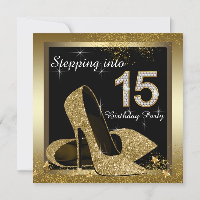 Invitación Zapato de tacón alto negro y dorado Quinceañera (Anverso)