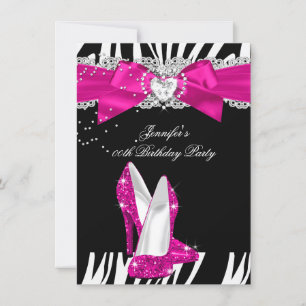Invitación Zapato de Tacón Alto Rosa Fucsia Cebra Cumpleaños