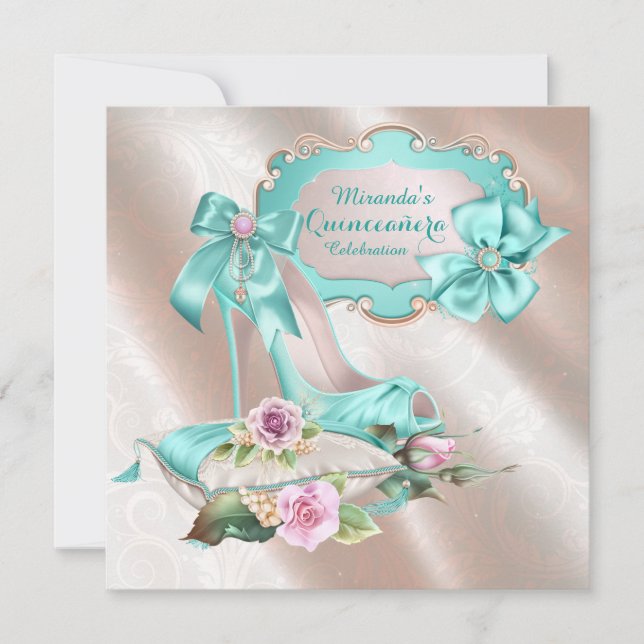 Invitación Zapato de tacón rosa y Verde azulado de Rubor Quin (Anverso)