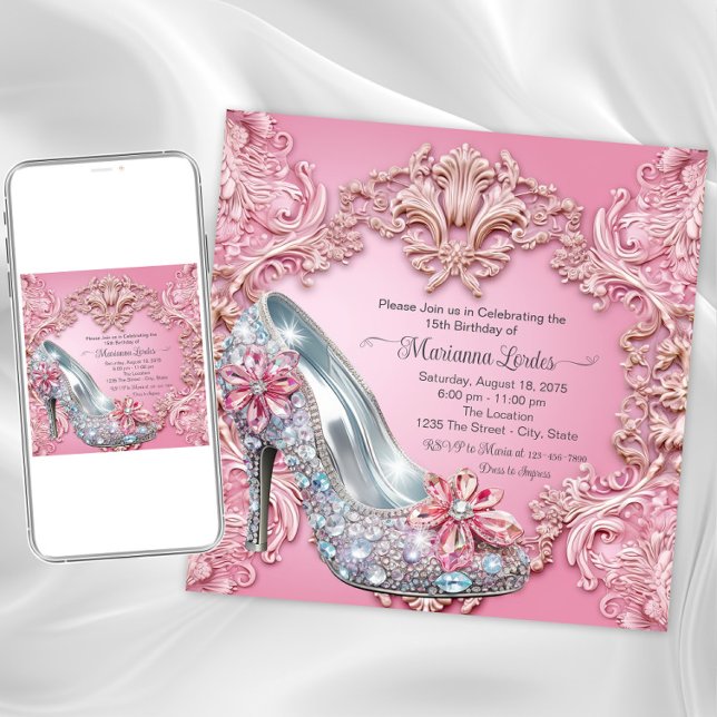 Invitación Zapato de talón alto de Quinceañera rosa (Pink jewel shoe any occasion invitation. Instant download and printed invitations available.)