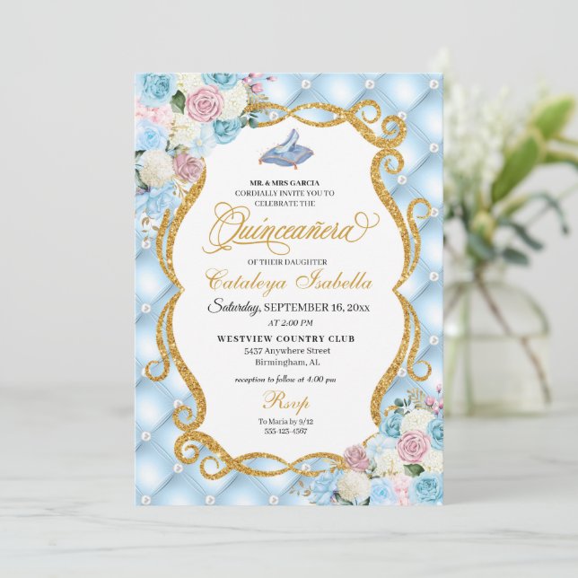 Invitación Zapato de vidrio azul y rosa de Cenicienta Quincea (Anverso de pie)