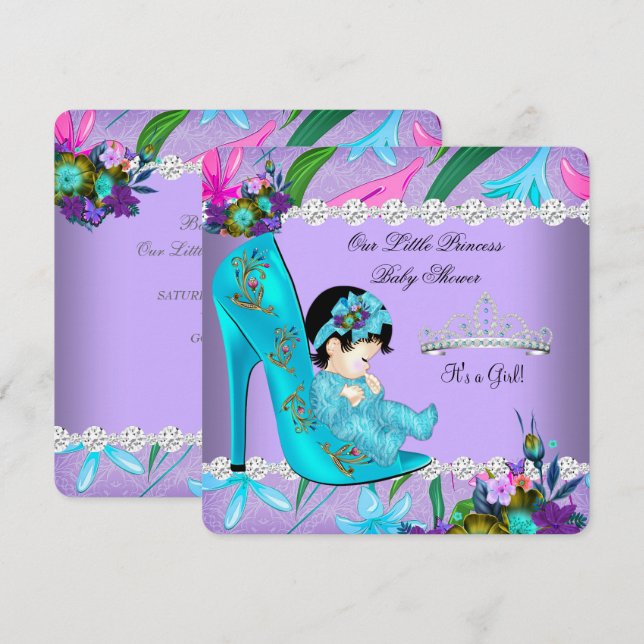 Invitación Zapato morado morado Verde azulado Chica de Baby S (Anverso / Reverso)