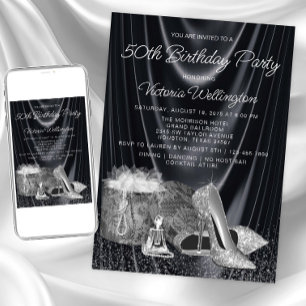 Invitación Zapato Negro Plateado de Mujer Cumpleaños Cualquie