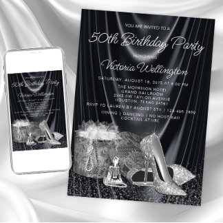 Invitación Zapato Negro Plateado de Mujer Cumpleaños Cualquie