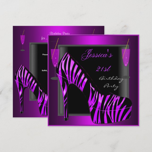 Invitación Zapato para fiesta de cumpleaños 21 Morado Negro C (Anverso / Reverso)