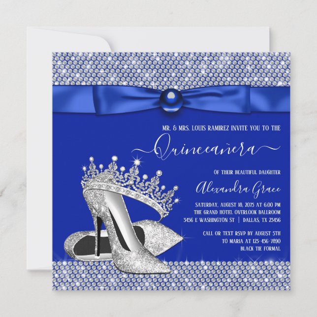 Invitación Zapato real azul Quinceanera Diamond Tiara (Anverso)