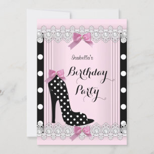 Invitación Zapatos Altos de Cumpleaños con Lunares Negros Ros