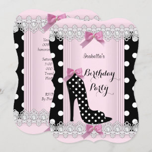 Invitación Zapatos Altos de Cumpleaños con Lunares Negros Ros