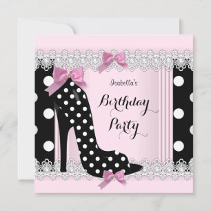Invitación Zapatos Altos de Cumpleaños con Lunares Negros Ros