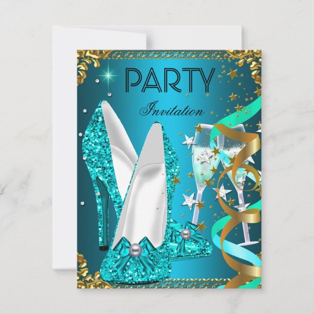 Invitación Zapatos azules de oro de la fiesta de cumpleaños (Anverso)