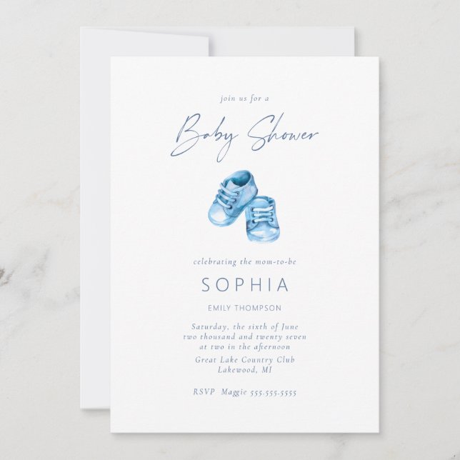 Invitación Zapatos azules para bebés Baby Shower delicado (Anverso)