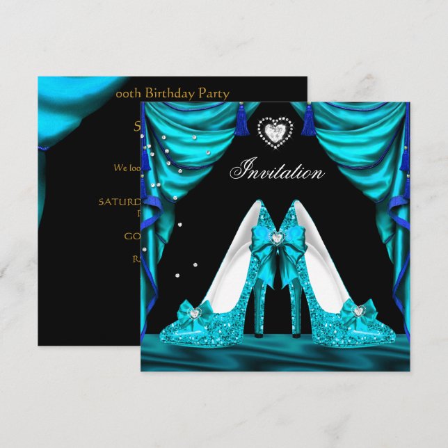 Invitación Zapatos Azules Turquesa para Fiesta de Cumpleaños (Anverso / Reverso)