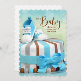 Invitación Zapatos Baby Shower para bebé de torta azul y marr