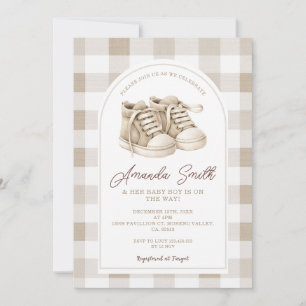 Invitación Zapatos beige para bebé a cuadros Botitas de niño