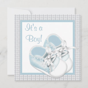 Invitación Zapatos Blancos Azules Ducha Niño Bebé Azul Encaje