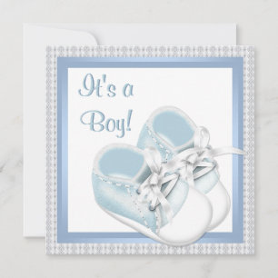 Invitación Zapatos Blancos Azules Niño de Bebe Ducha de Encaj