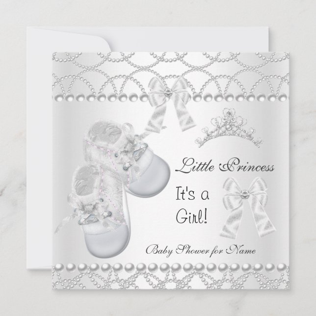 Invitación Zapatos blancos plateados del Chica Baby Shower de (Anverso)