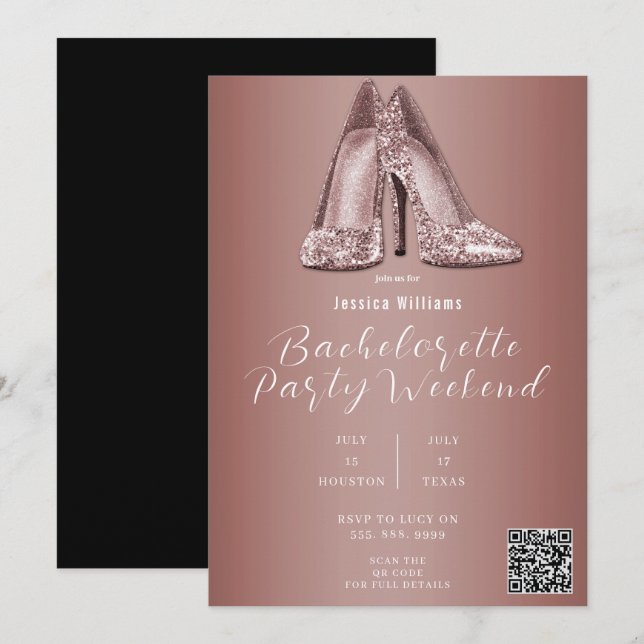 INVITACIÓN ZAPATOS CON BRILLANTINA DE ORO ROSA CON CÓDIGO QR  (Anverso / Reverso)