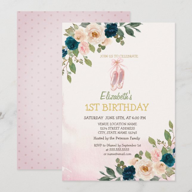 Invitación Zapatos de ballet con flores Cumpleaños  (Anverso / Reverso)