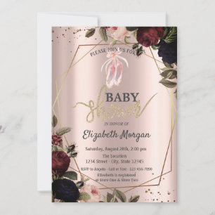 Invitación Zapatos de ballet de flores oscuras rosa dorado Ba