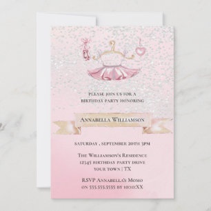 Invitación Zapatos de ballet de purpurina rosa y fiesta de cu