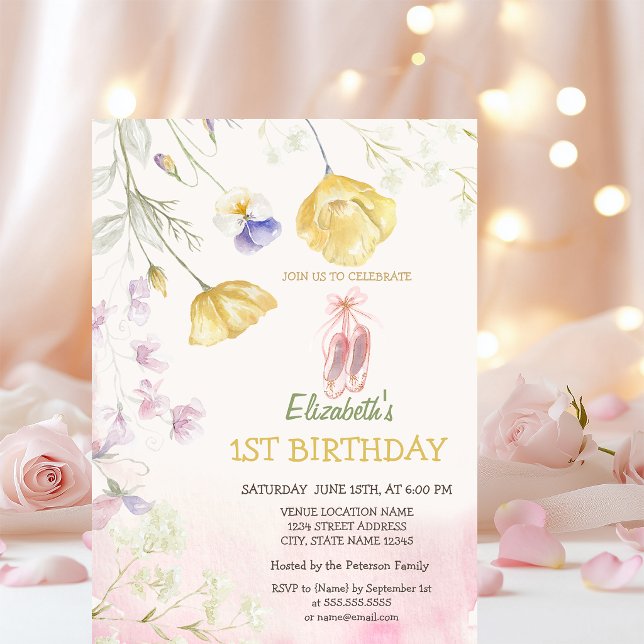 Invitación Zapatos de ballet para cumpleaños con flores silve (Subido por el creador)