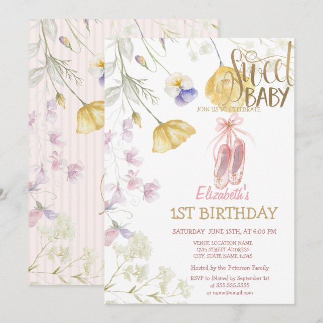 Invitación Zapatos de ballet raya flores silvestres cumpleaño (Anverso / Reverso)
