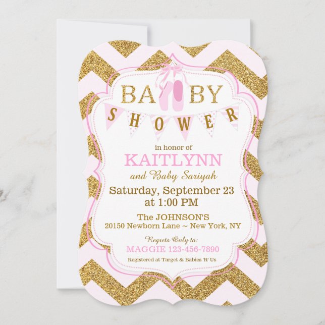 Invitación Zapatos de ballet y Baby Shower de Chevron (Anverso)