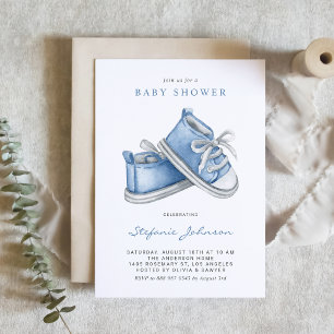 Invitación Zapatos de bebé azul a la acuarela Código QR Baby