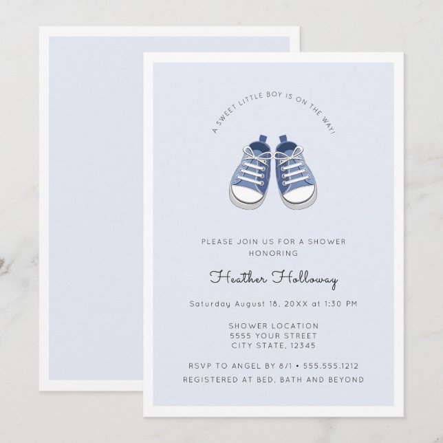 Invitación Zapatos de bebé azul, Baby Shower (Anverso / Reverso)