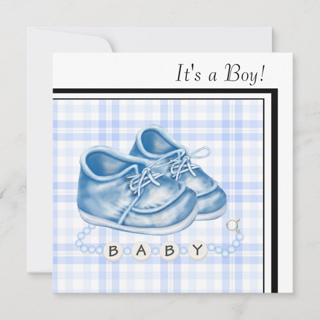 Invitación Zapatos de bebé de gingham azul Zapatos de bebé ne (Anverso)