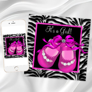 Invitación Zapatos de Bebé Rosa Fucsia Cebra Fiesta de Bebé N
