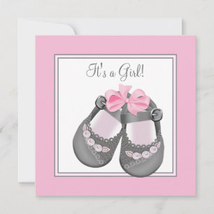 Invitación Zapatos de bebé rosados grises, Baby Shower de niñ