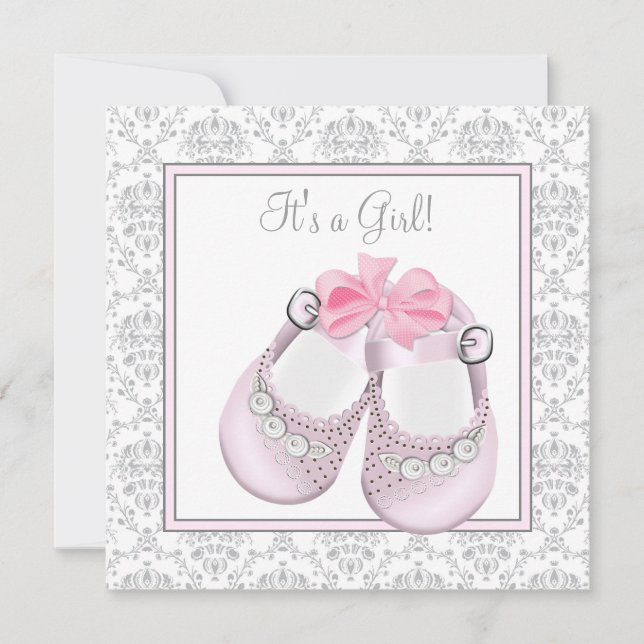 Invitación Zapatos de bebé rosados grises, Baby Shower de niñ (Anverso)