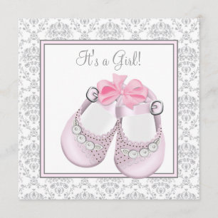 Invitación Zapatos de bebé rosados grises, Baby Shower de niñ