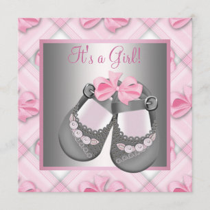 Invitación Zapatos de bebé rosados grises, Baby Shower de niñ