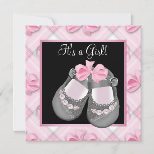 Invitación Zapatos de bebé rosados Zapatos de bebé negros Inv