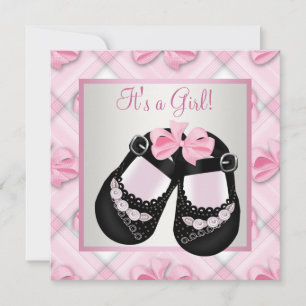 Invitación Zapatos de bebé rosas y negros para baby shower de