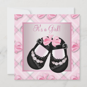 Invitación Zapatos de bebé rosas y negros para baby shower de
