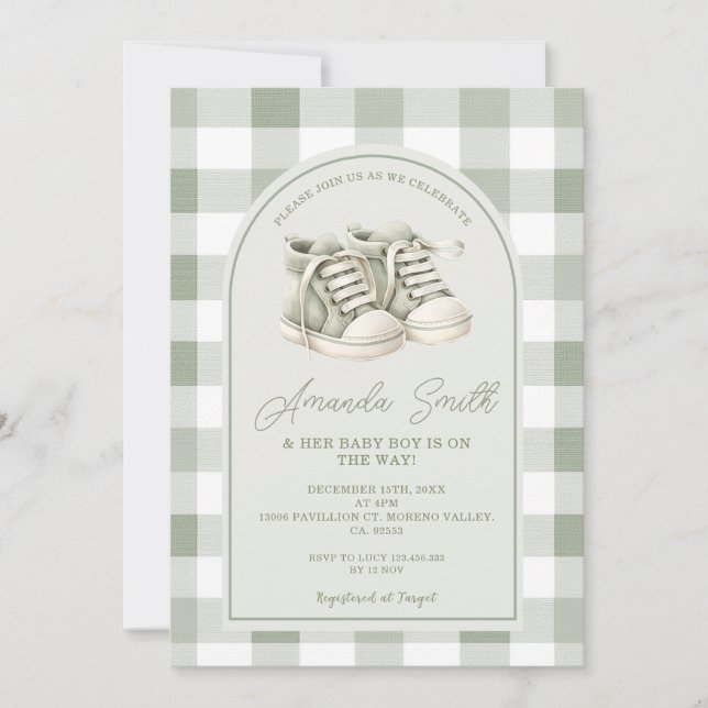 Invitación Zapatos de bebé verde salvia Gingham Shower de beb (Anverso)