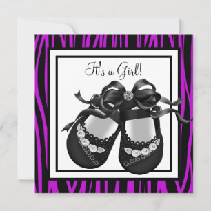 Invitación Zapatos de Bebé Zebra Morado para Niña Shower