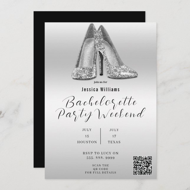 INVITACIÓN ZAPATOS DE BRILLO PLATA CÓDIGO QR DESPEDIDA DE SOL (Anverso / Reverso)
