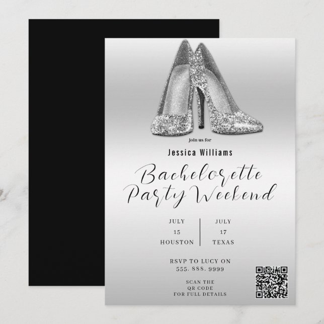 INVITACIÓN ZAPATOS DE BRILLO PLATAEADO CÓDIGO QR DESPEDIDA DE (Anverso / Reverso)