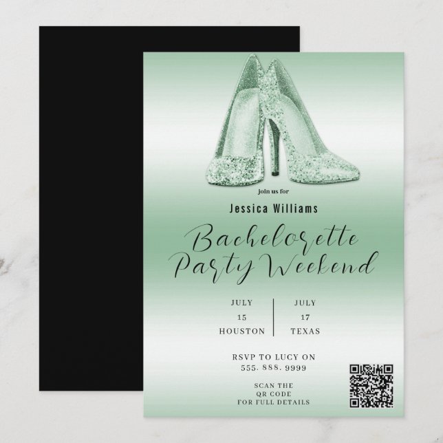 Invitación ZAPATOS DE BRILLO VERDE CÓDIGO QR Despedida de sol (Anverso / Reverso)