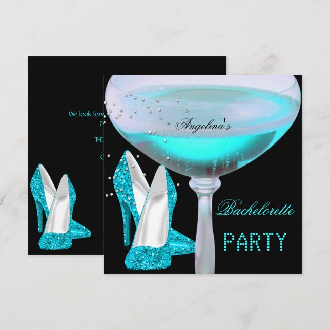 Invitación Zapatos de champán de fiesta de soltera azul turqu (Anverso / Reverso)