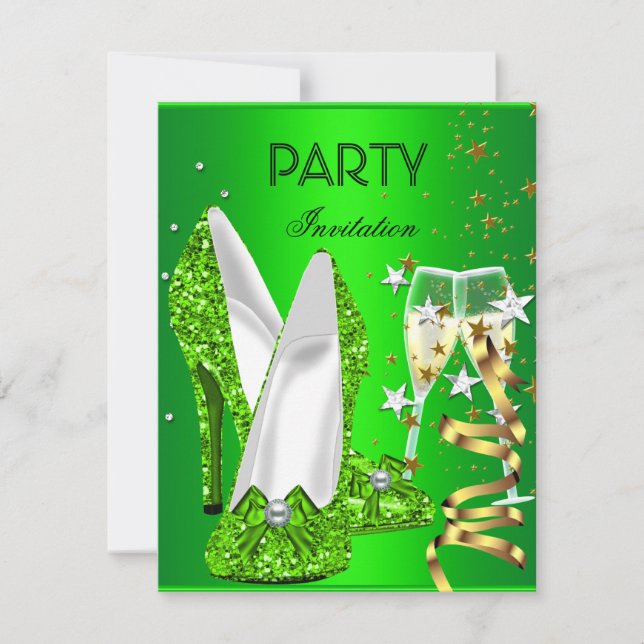 Invitación Zapatos de cumpleaños verde lima dorado (Anverso)