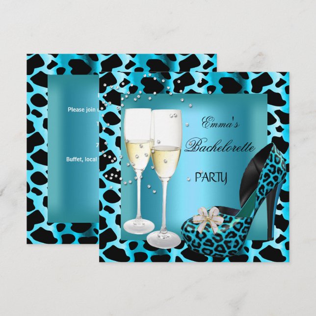 Invitación Zapatos de fiesta de soltera azul turquesa leopard (Anverso / Reverso)