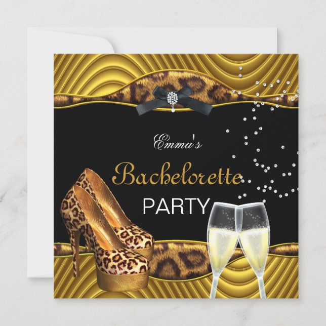 Invitación Zapatos de fiesta de soltera oro leopardo negro 2 (Anverso)